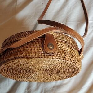 Round Rattan Crossbody Bag Woven Straw Circle Purse Batik Lining Brown